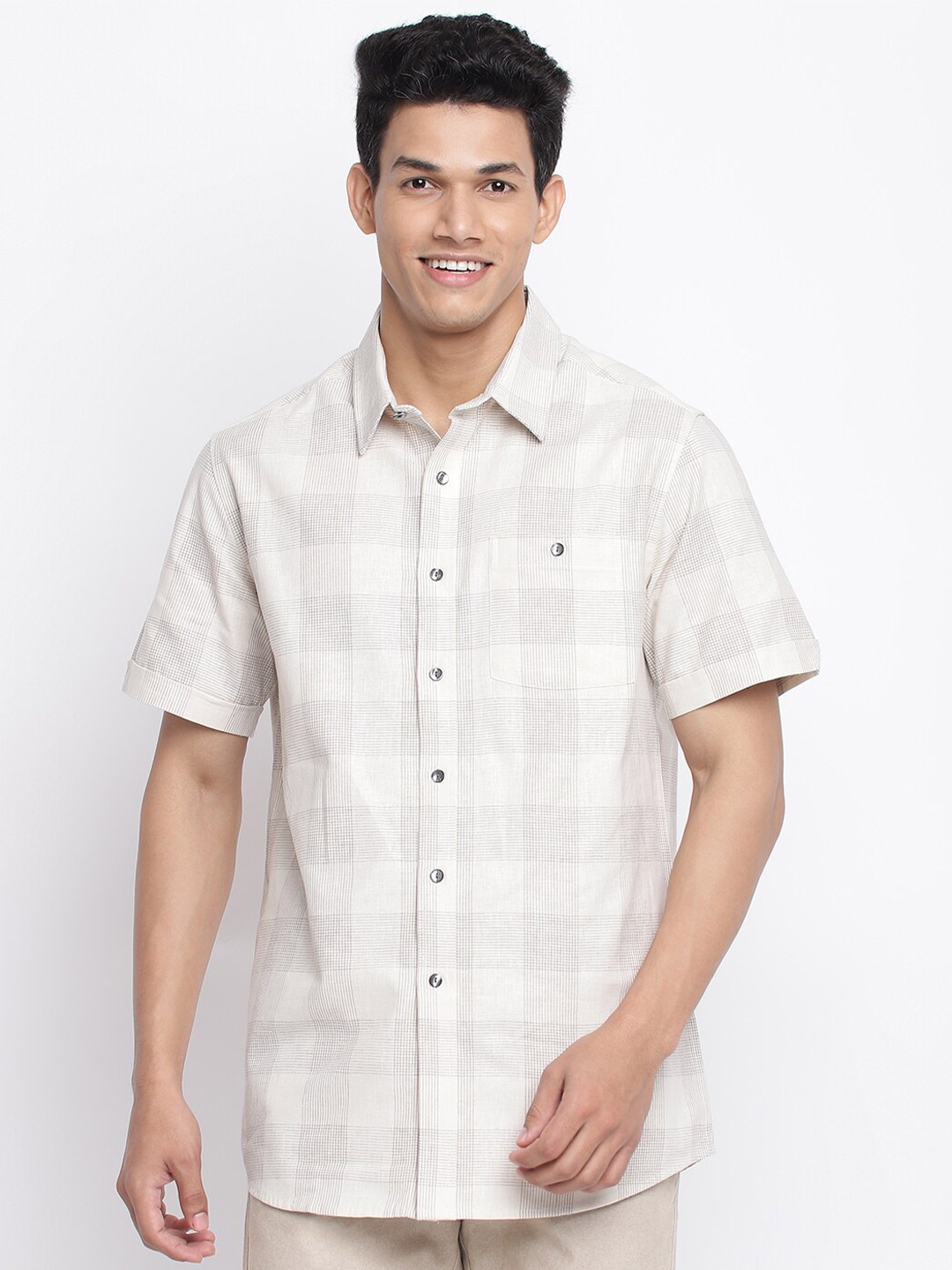 

Fabindia Men Off White Checked Linen Casual Shirt