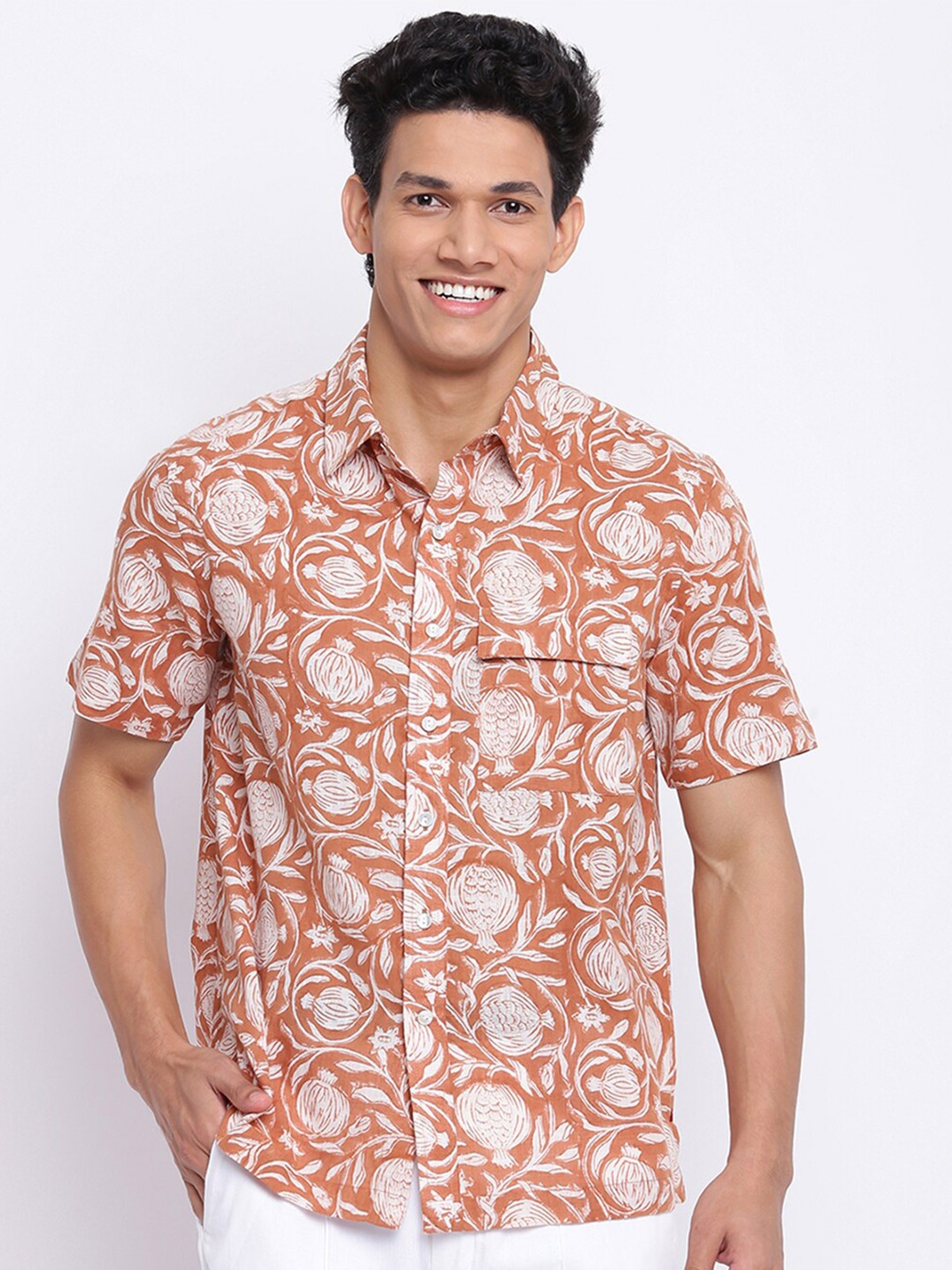 

Fabindia Men Orange Printed Cotton Casual Shirt