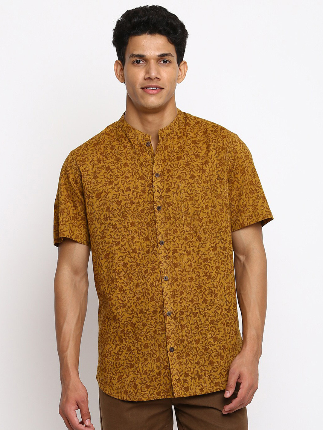 

Fabindia Men Mustard Slim Fit Printed Cotton Casual Shirt