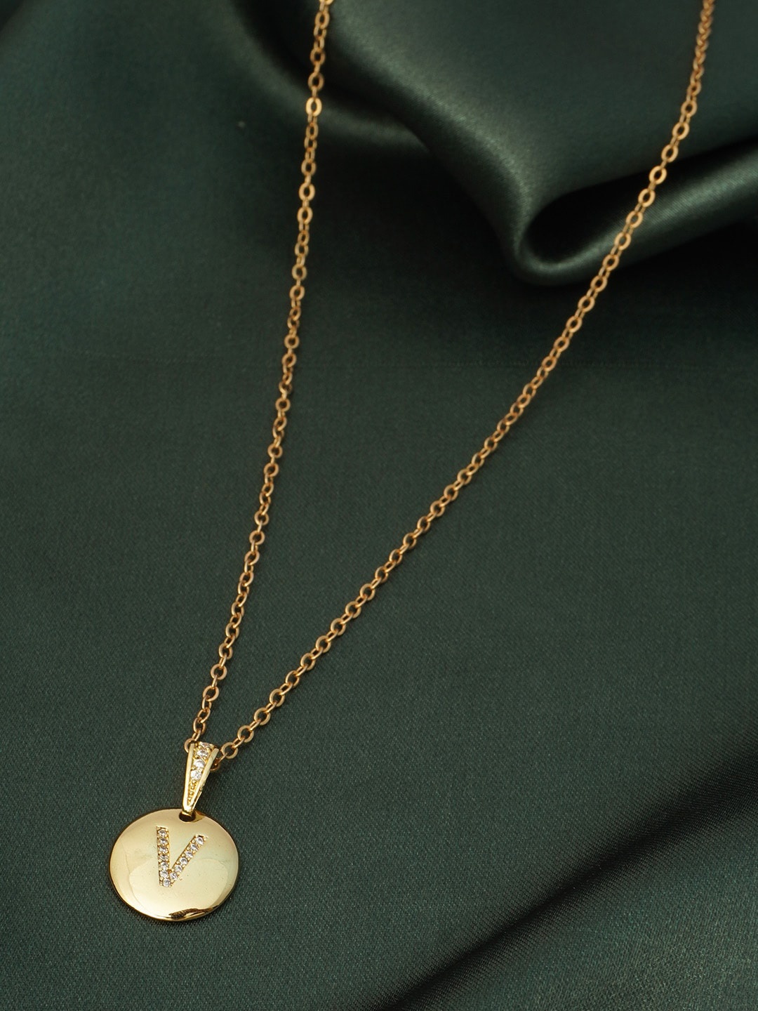 

Ferosh Women Gold-Toned Crystal-Studded Alphabet V Pendant With Chain