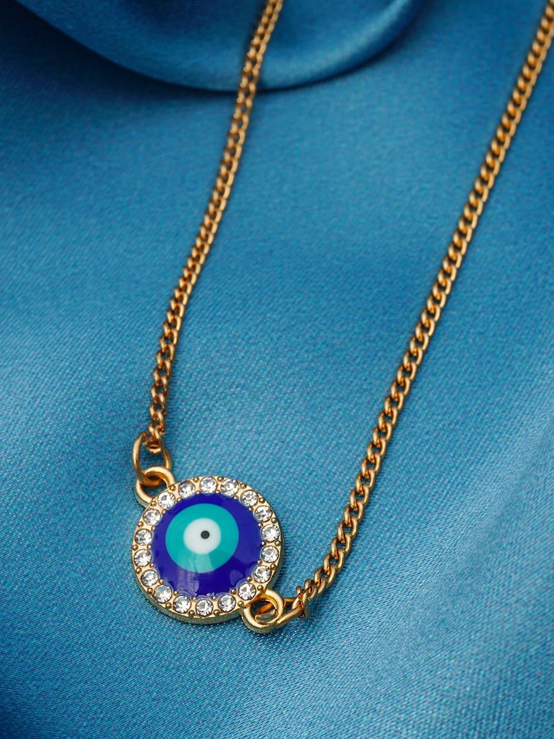 

Ferosh Gold-Toned & Blue Stone-Studded Round Evil Eye Pendant With Chain