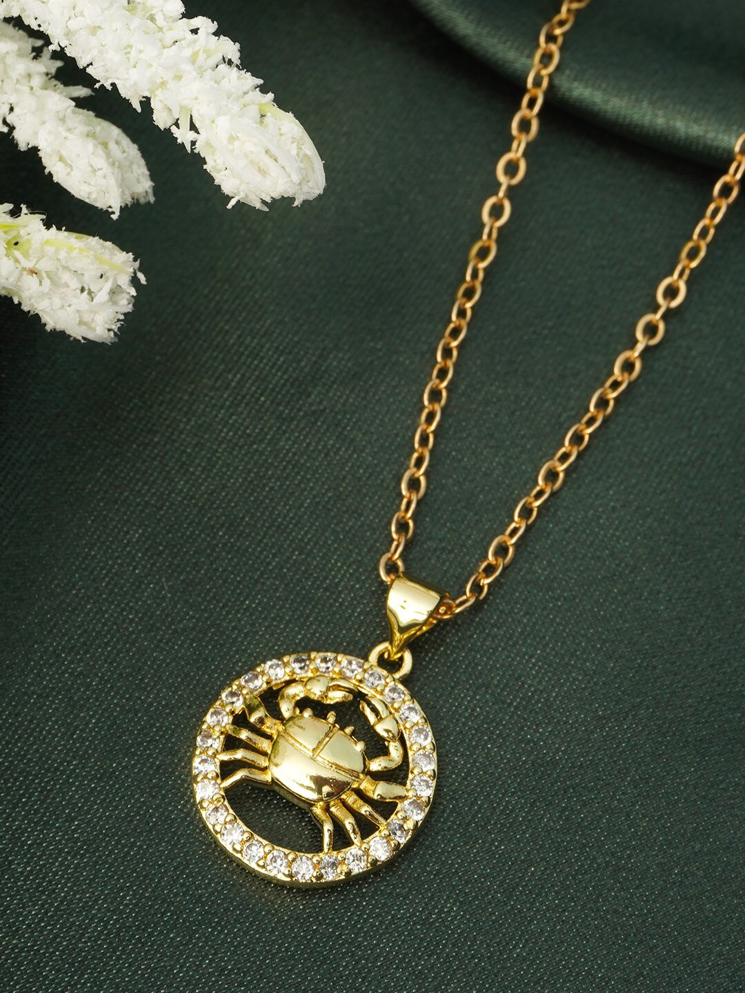 

Ferosh Gold-Toned Rhinestone Studded Cancer Zodiac Pendant with Chain