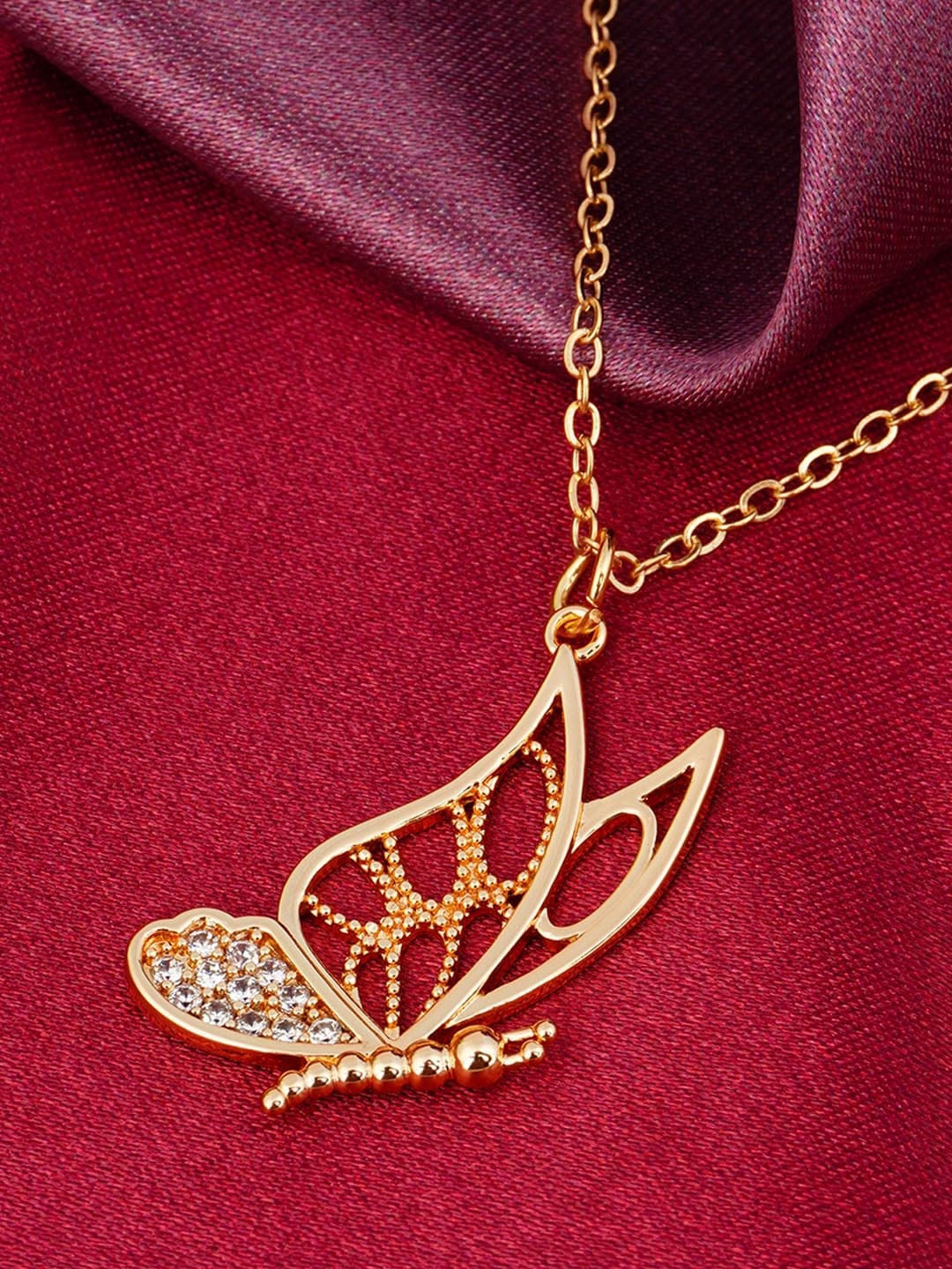 

Ferosh Gold-Toned Stone-Studded Butterfly Pendant With Chain