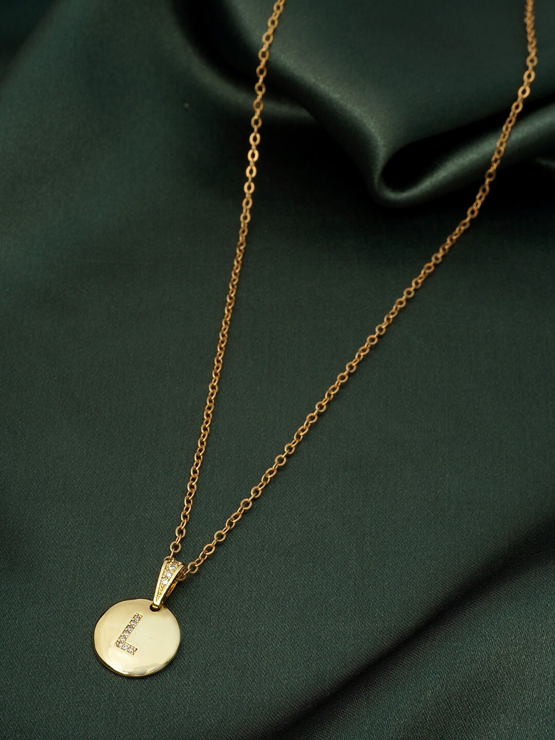 

Ferosh Gold-Toned Crystal Studded Alphabet L Gold Coin Pendant with Chain