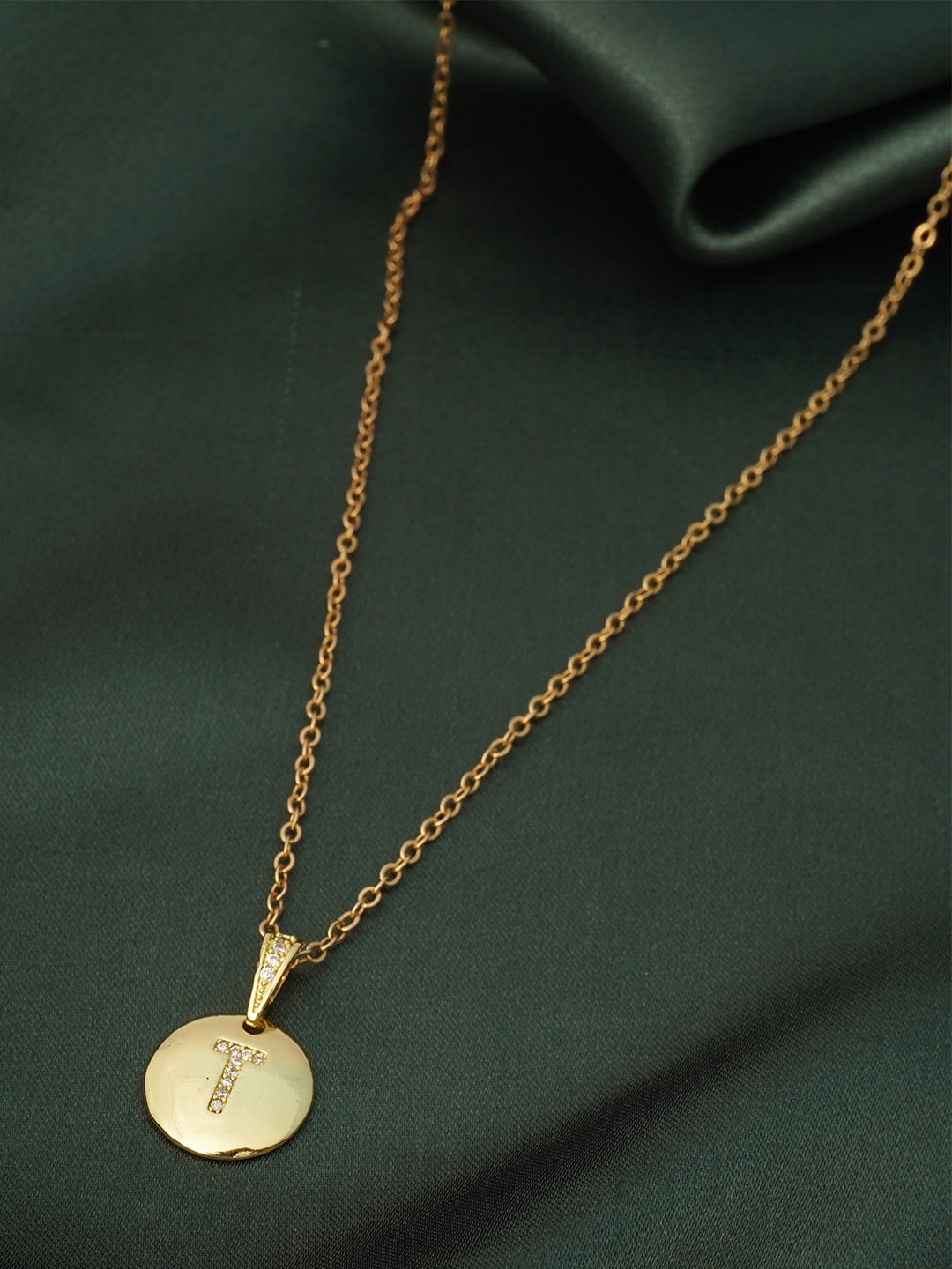 

Ferosh Gold-Toned Crystal-Studded Alphabet T Shaped Pendant With Chain