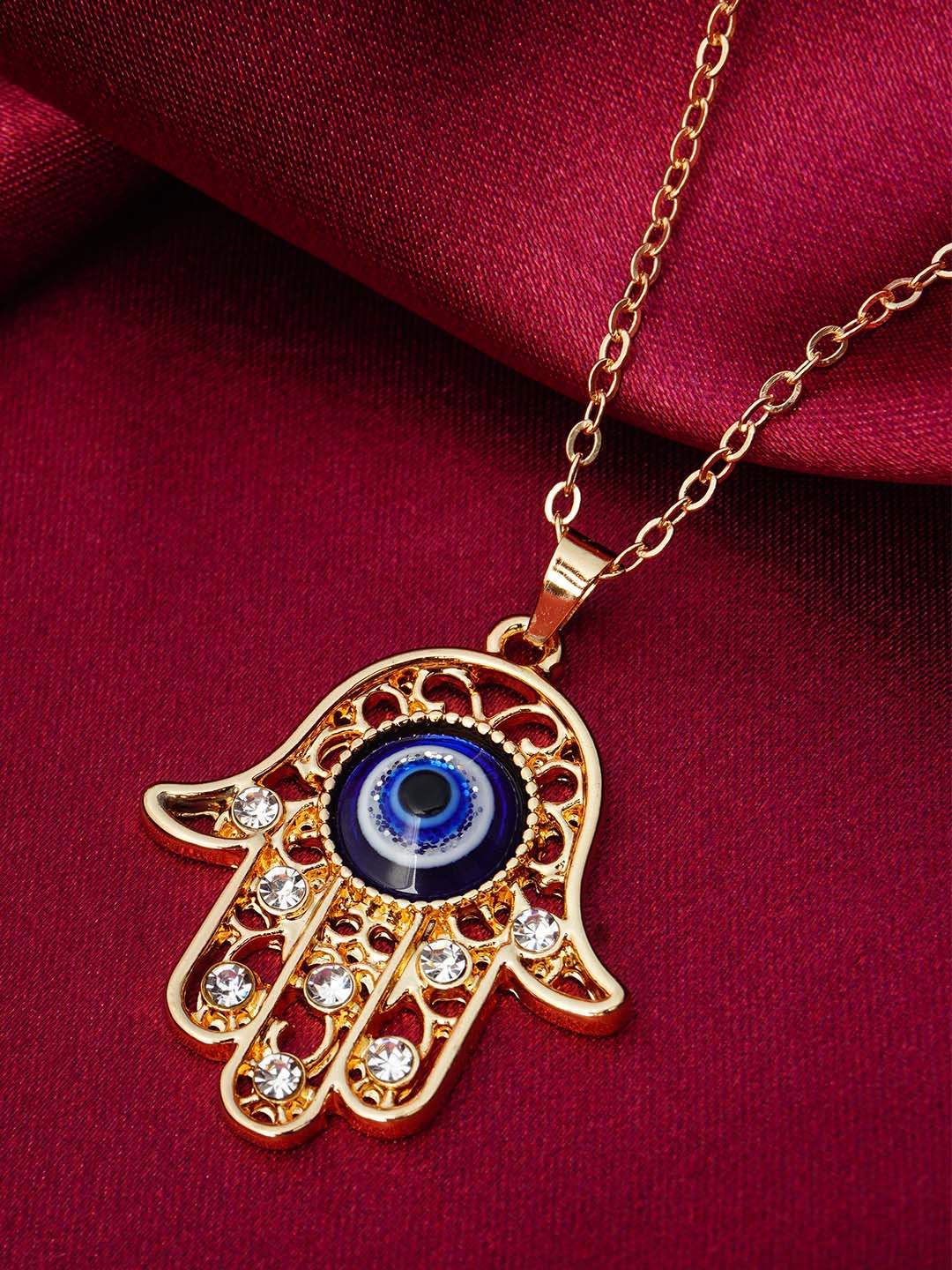 

Ferosh Gold-Toned & Blue Stone-Studded Evil Eye Hamsa Pendant With Chain