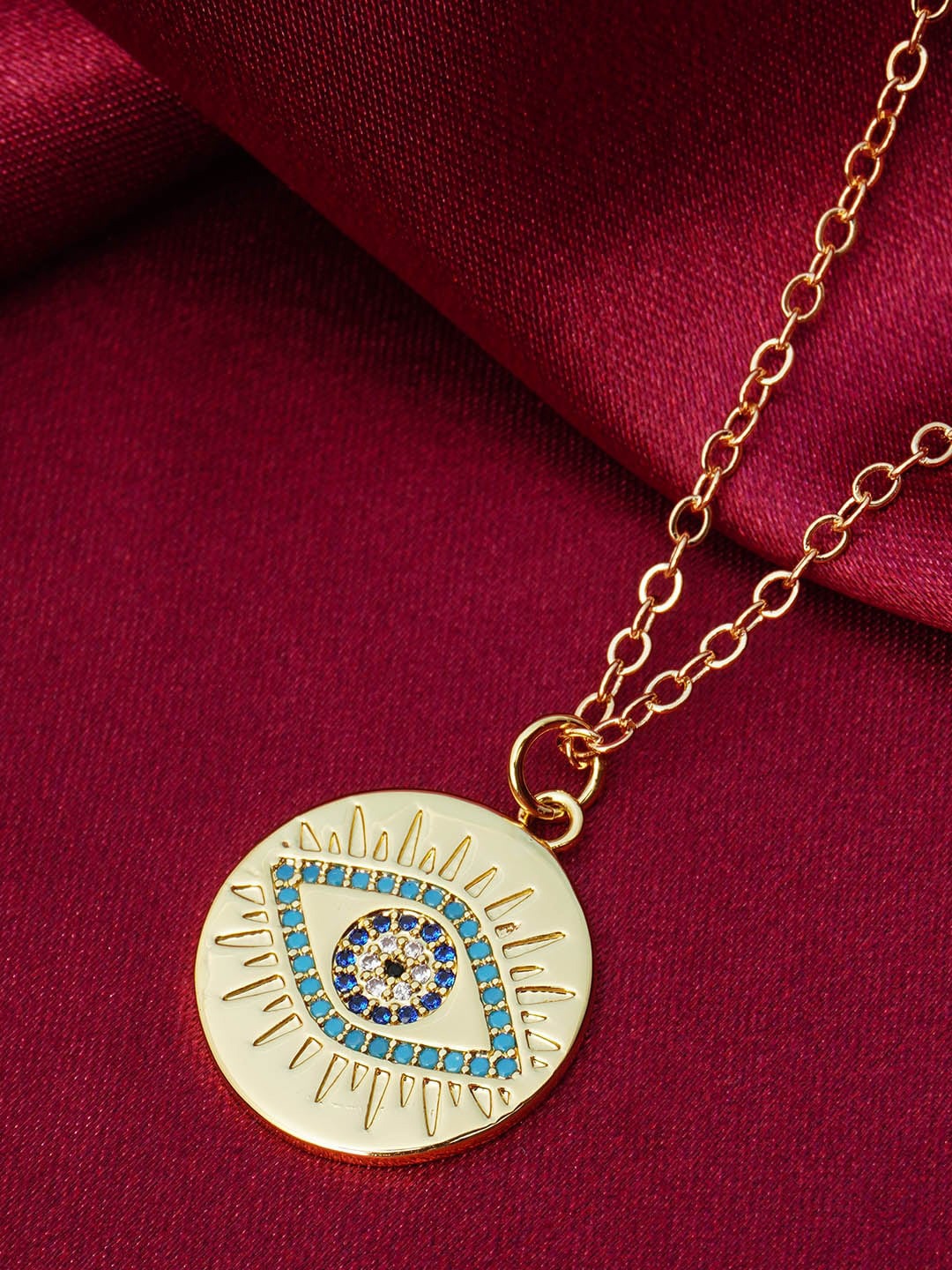 

Ferosh Women Gold-Plated Blue Stone Studded Evil Eye Pendant With Chain