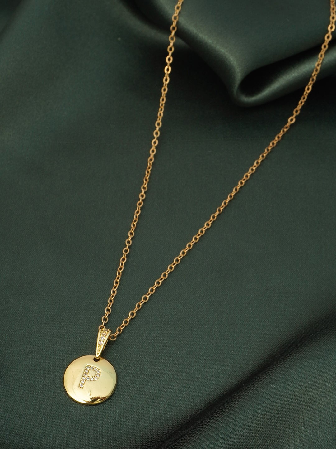 

Ferosh Women Gold-Toned Crystal Studded Alphabet P Gold Coin Pendant with Chain