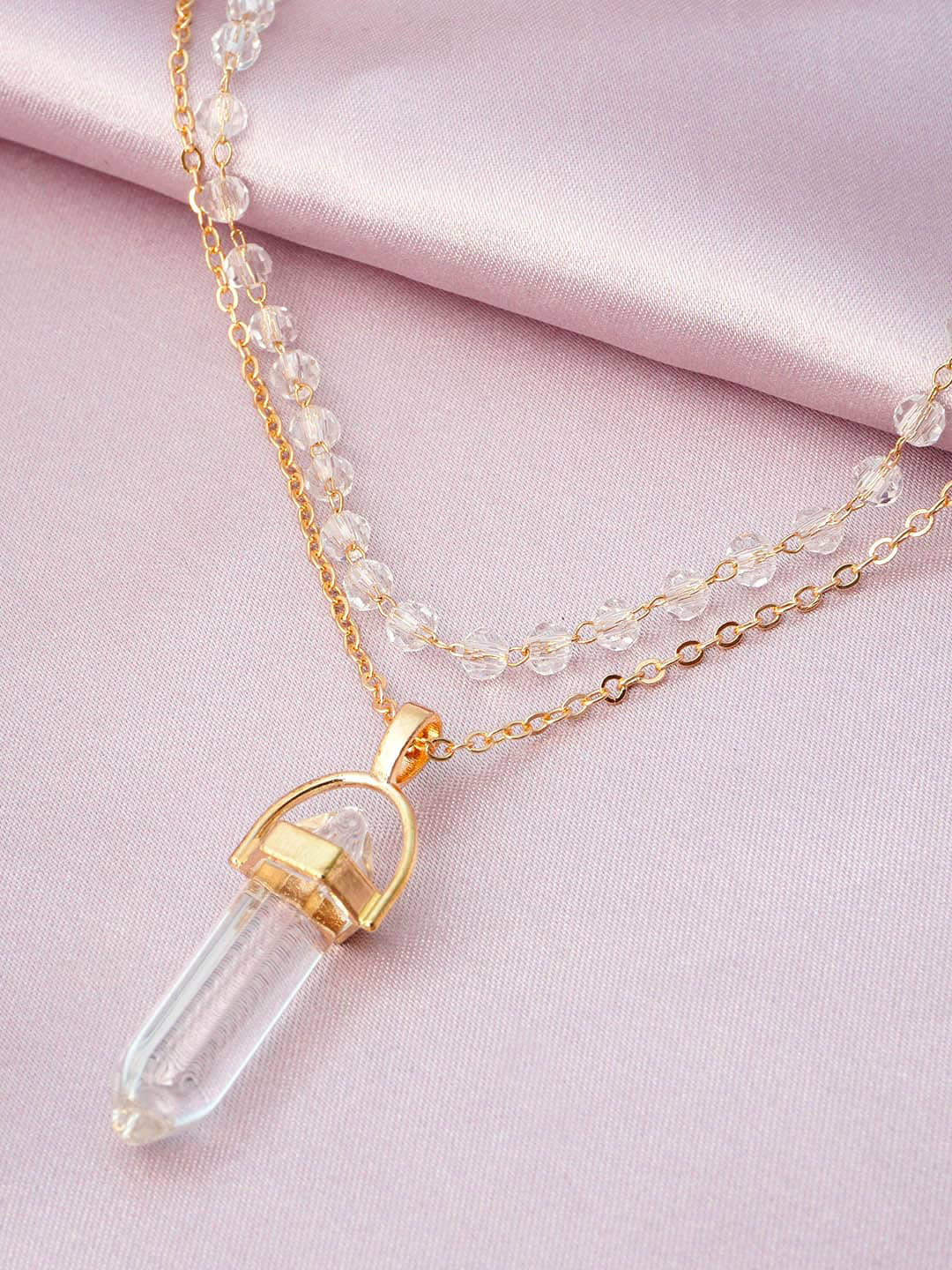 

Ferosh Women Gold-Toned White Stone-Beaded Designed Layered Pendant With Chain
