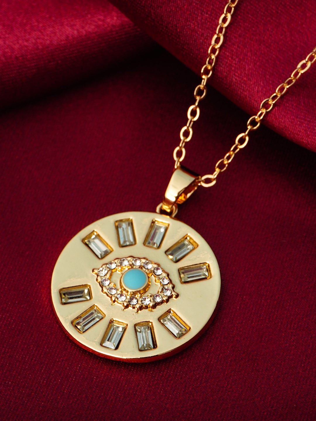 

Ferosh Women Gold-Toned White & Turquoise Blue Stone Studded Evil Eye Coin Pendant