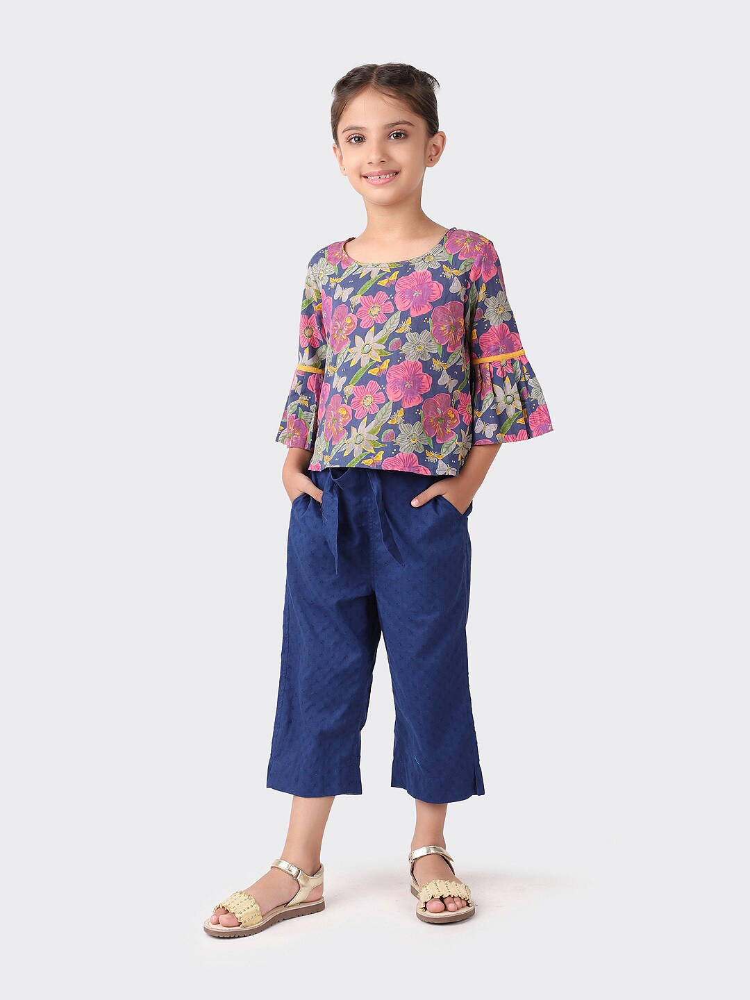 

Fabindia Girls Navy Blue & Green Printed Pure Cotton Top with Trousers