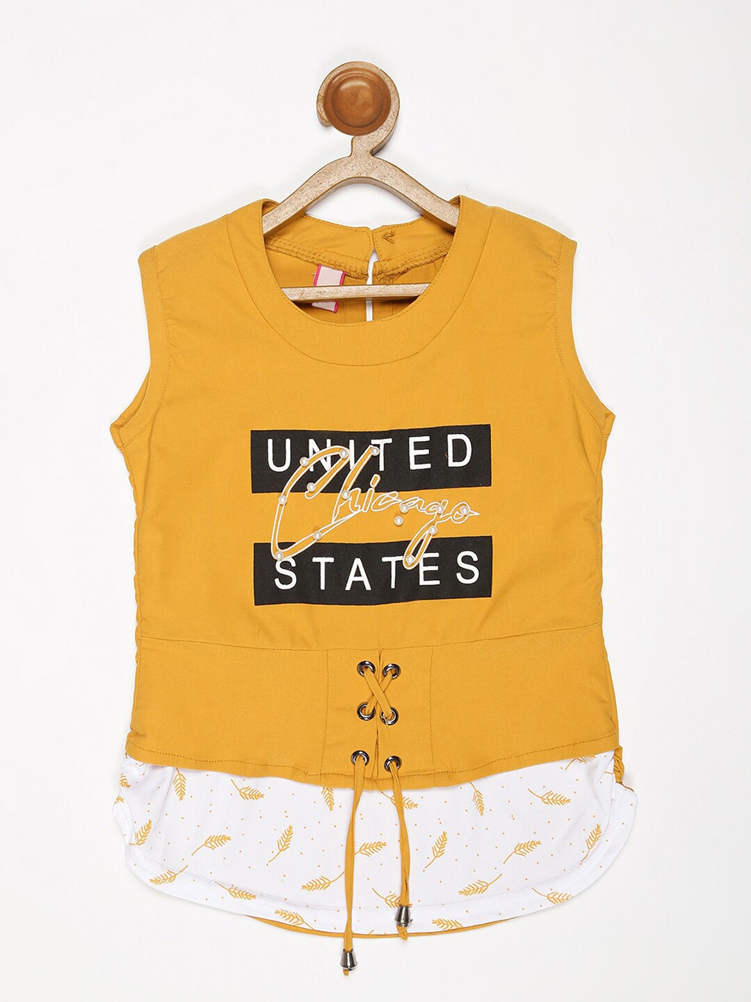 

V2 Value & Variety Girls Mustard Yellow & White Typography Printed Sleeveless Top
