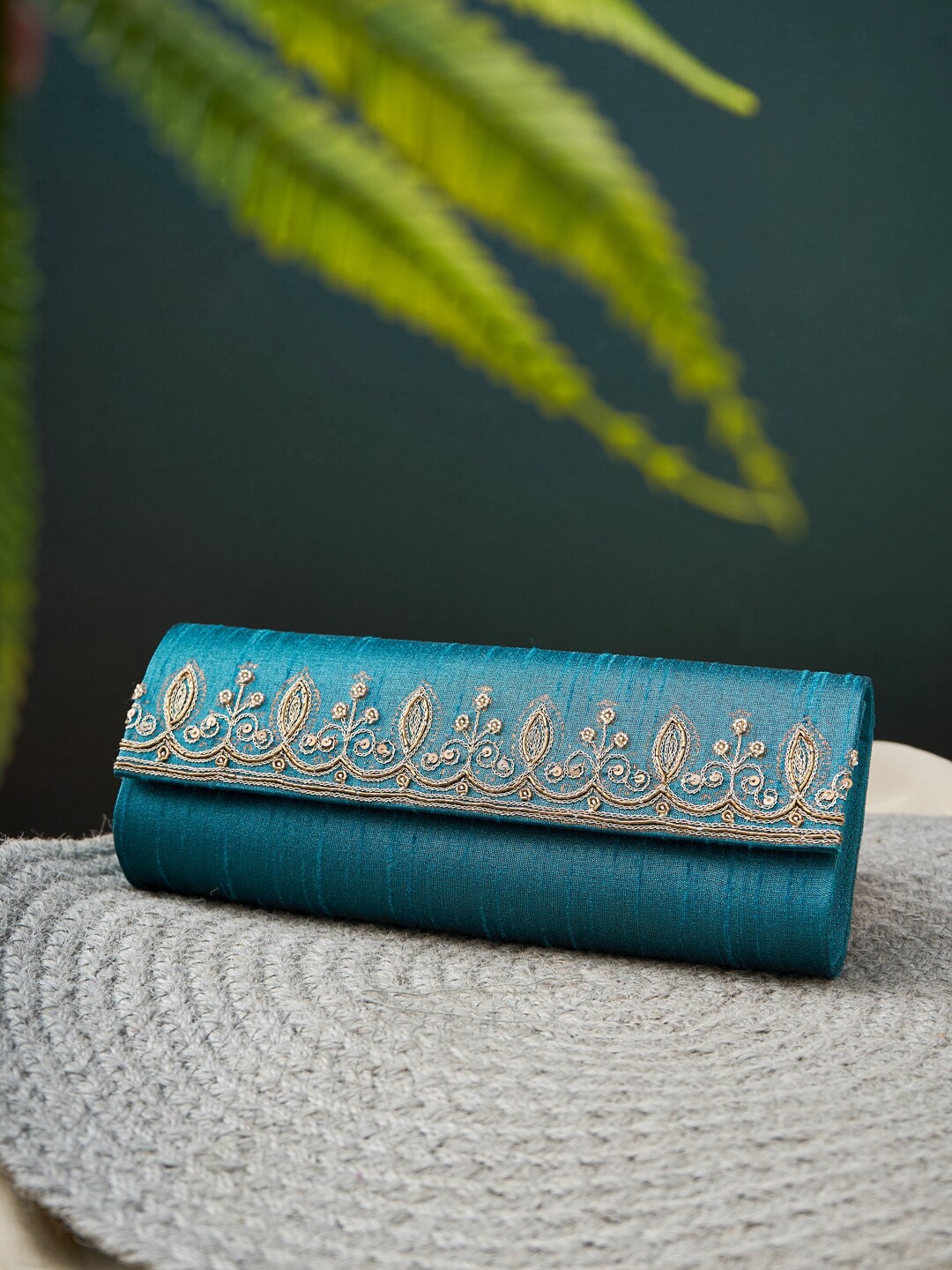 

Fabindia Blue & Gold-Toned Embroidered Purse Clutch