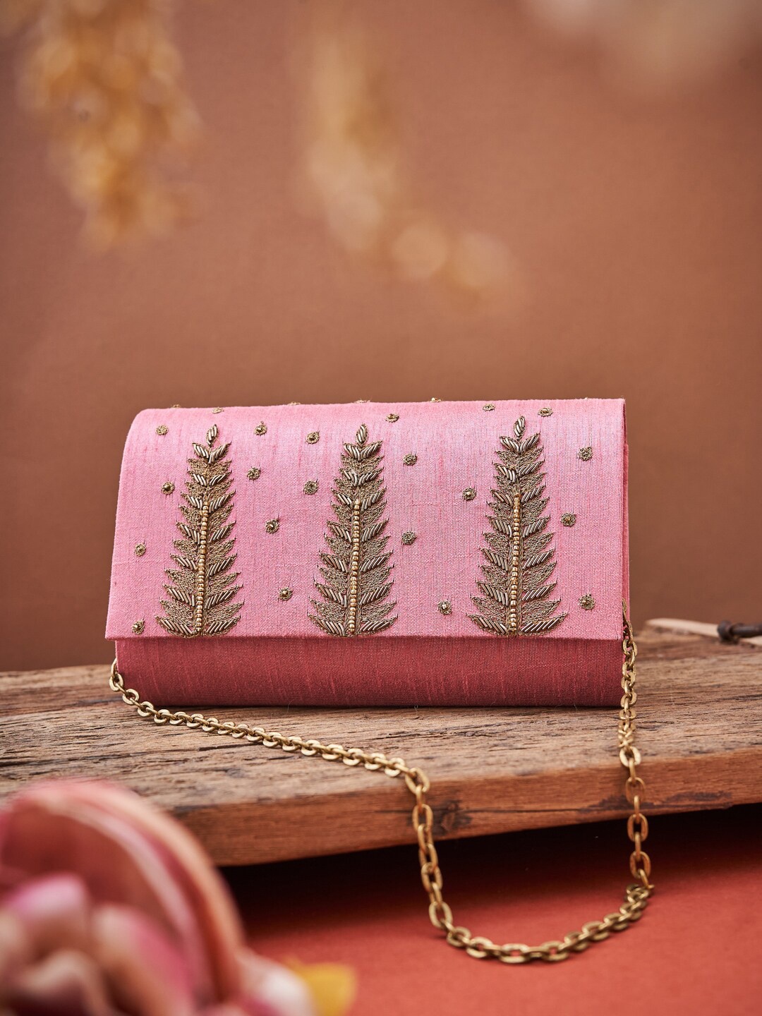 

Fabindia Pink & Gold-Toned Embroidered Purse Clutch