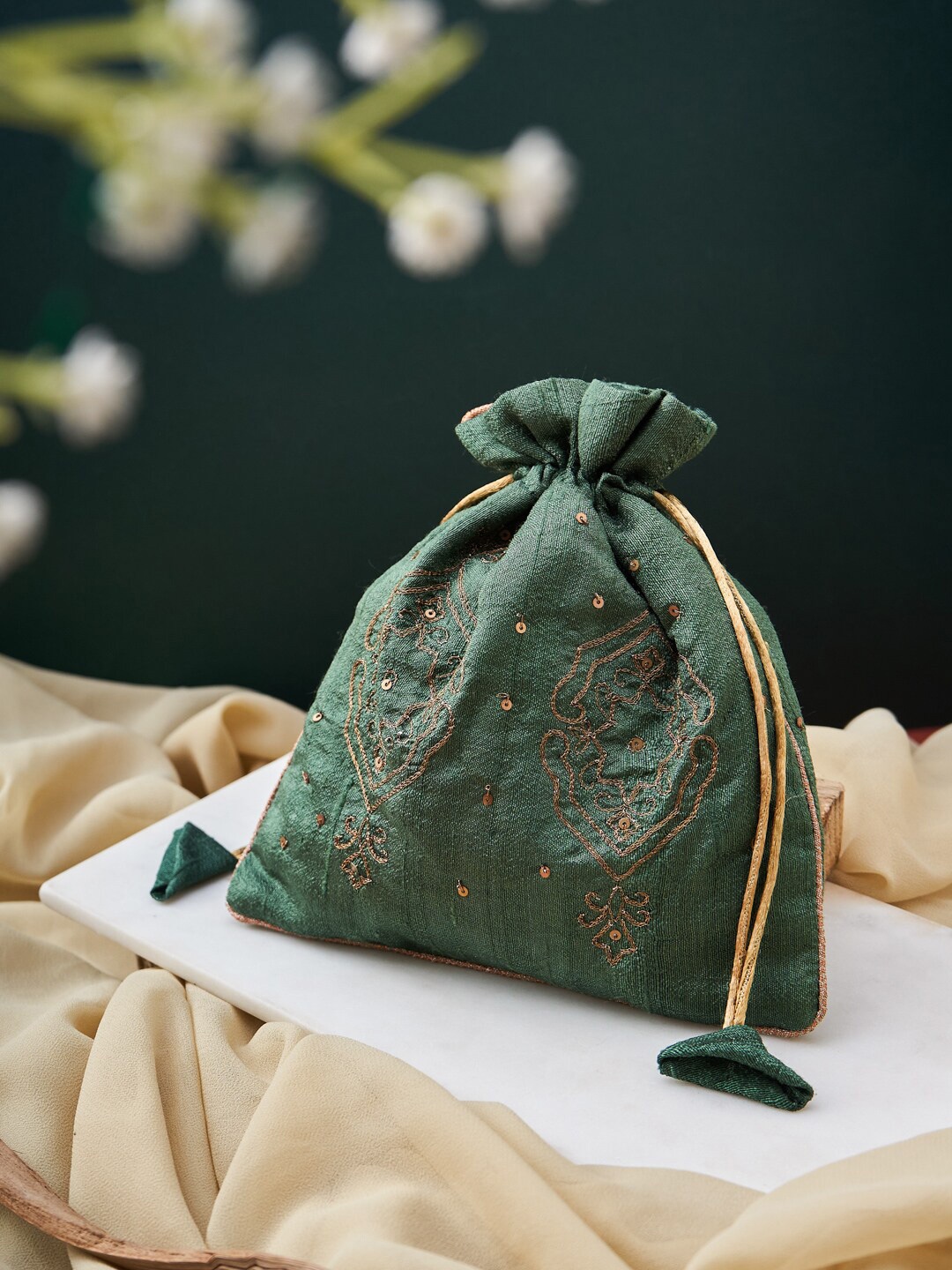 

Fabindia Green & Gold-Toned Embroidered Potli Clutch