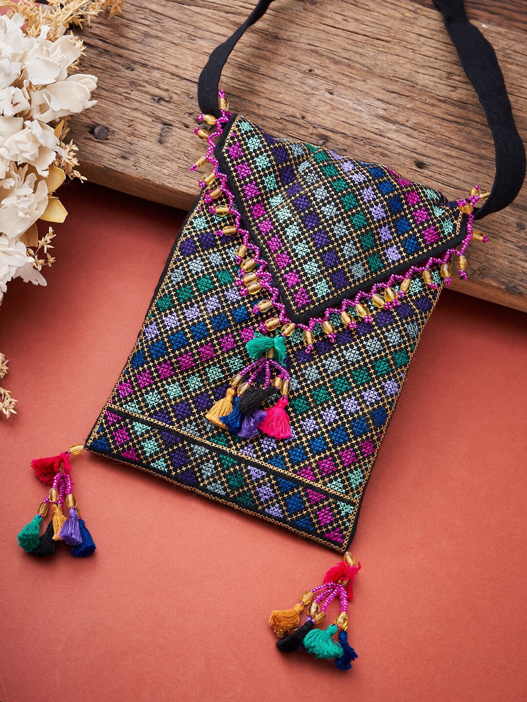 

Fabindia Women Black & Blue Embroidered Cotton Linen Purse