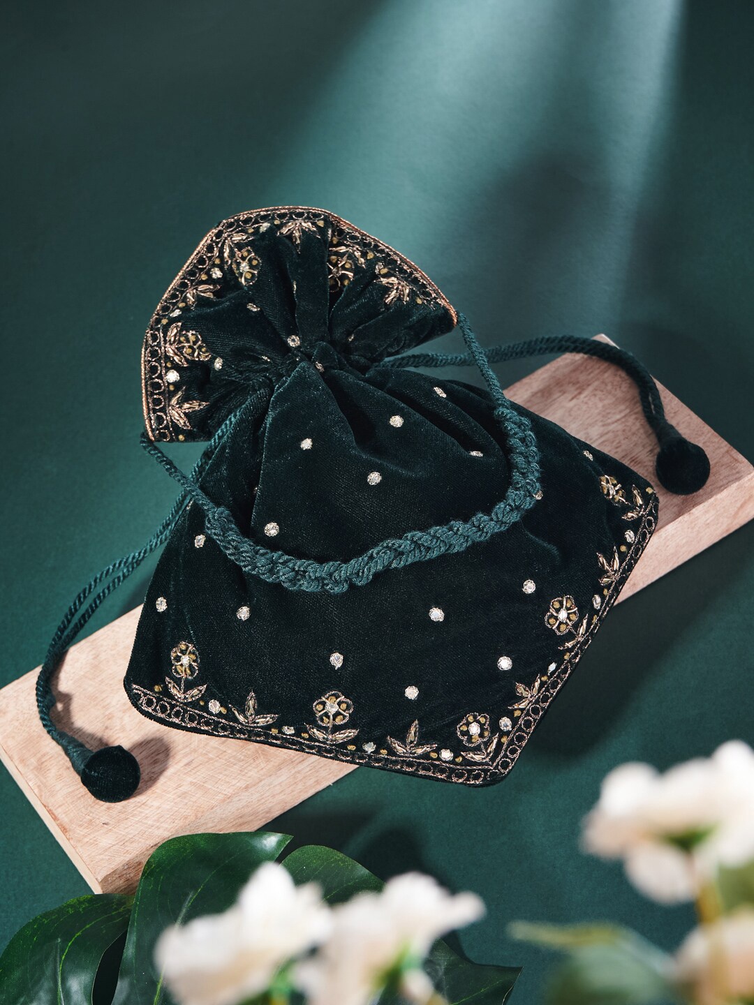 

Fabindia Green & Gold-Toned Embroidered Potli Clutch
