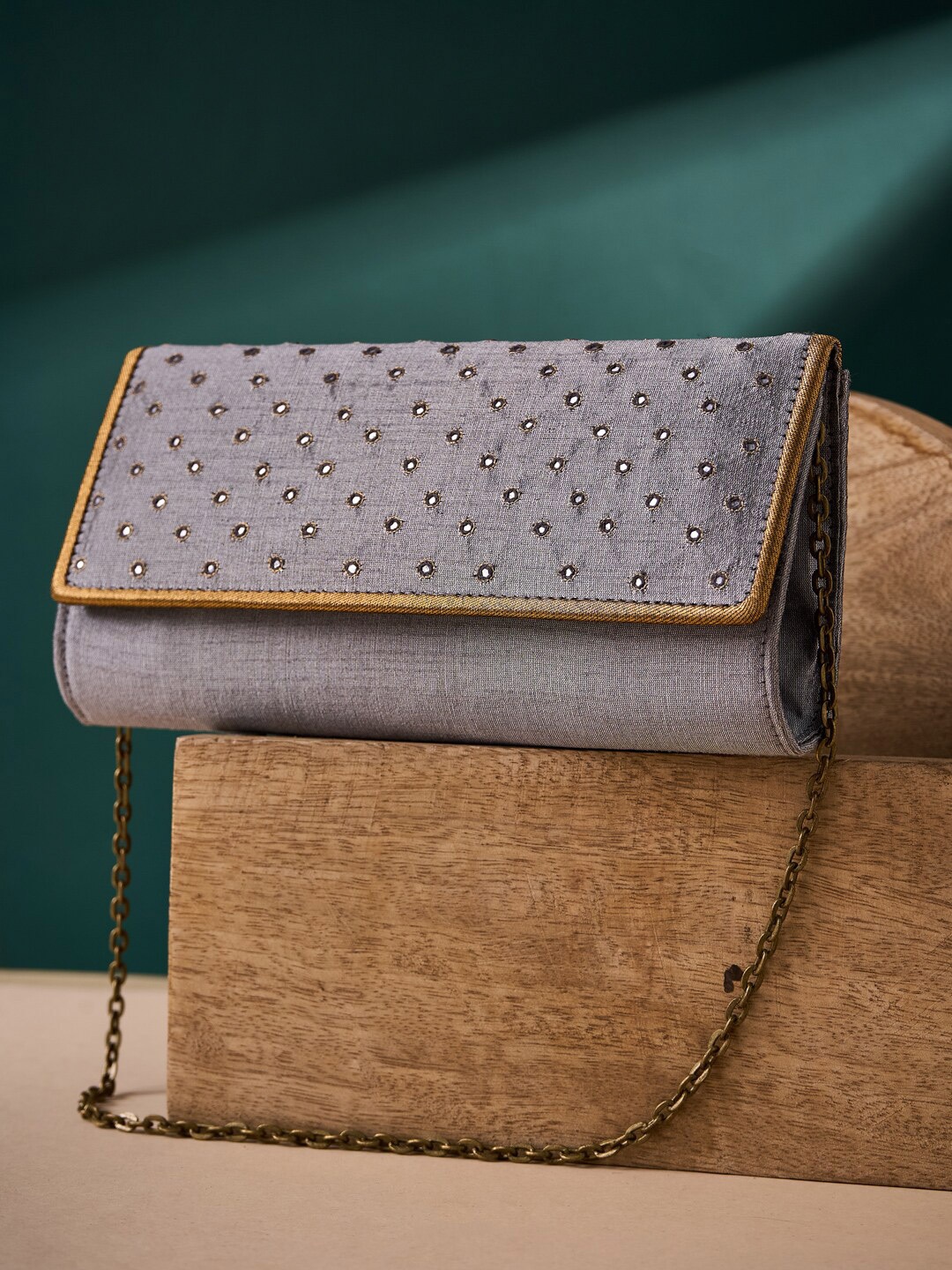 

Fabindia Women Grey & Gold-Toned Embellished Clutch