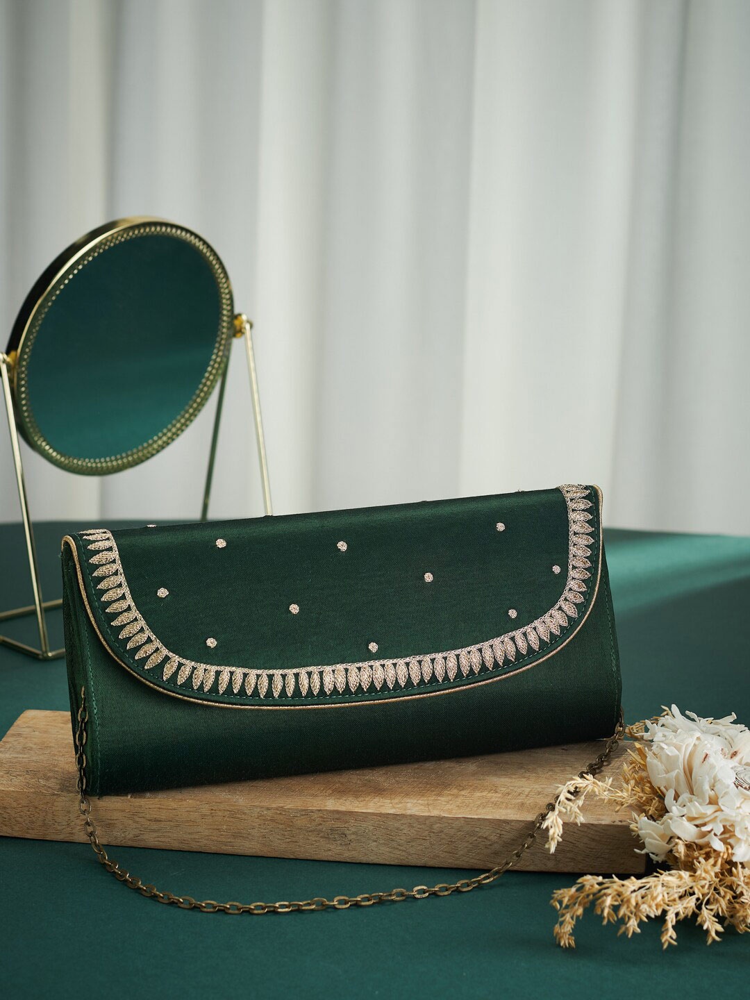 

Fabindia Green & Gold-Toned Embroidered Purse Clutch