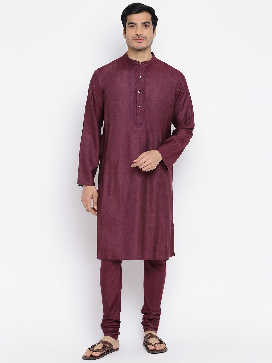 

Fabindia Men Maroon Solid Mandarin Collar Kurta with Churidar