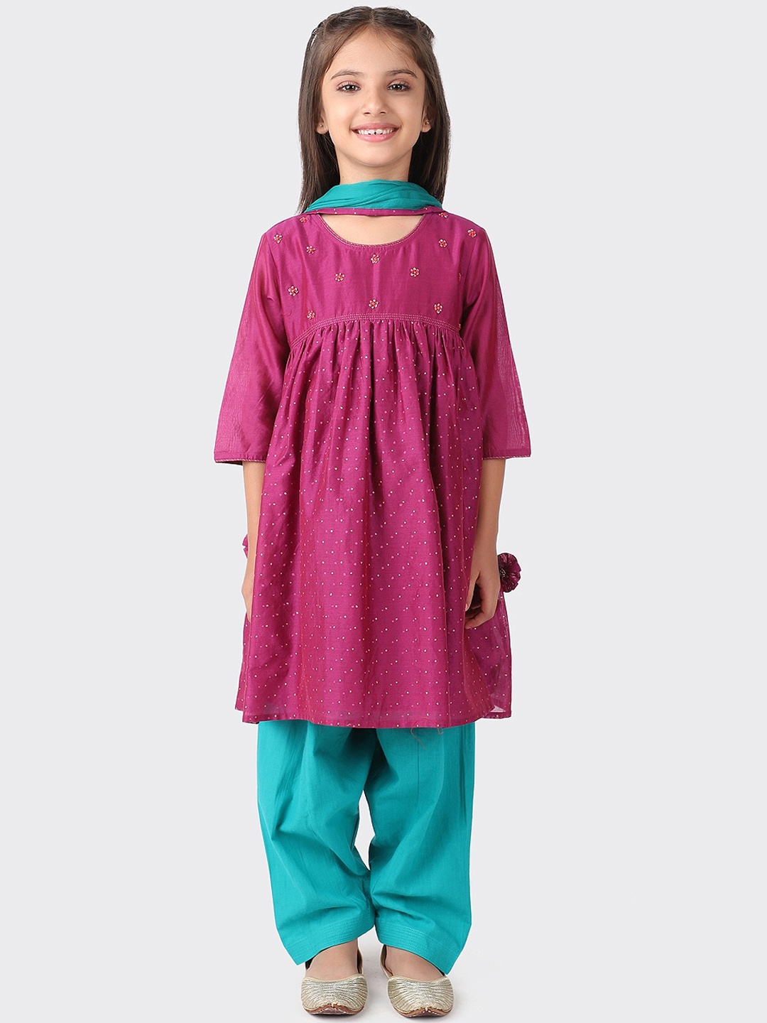 

Fabindia Girls Magenta & Blue Embroidered A-Line Kurta with Salwar & With Dupatta