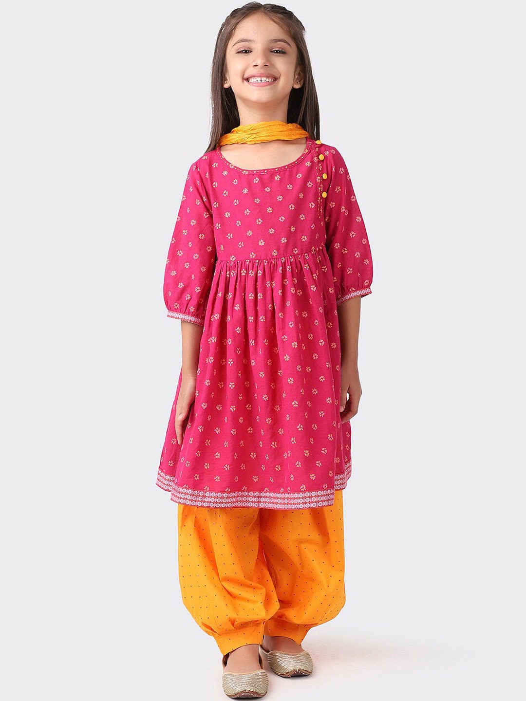 

Fabindia Girls Pink & Yellow Floral Printed Cotton A-Line Kurta with Salwar & With Dupatta