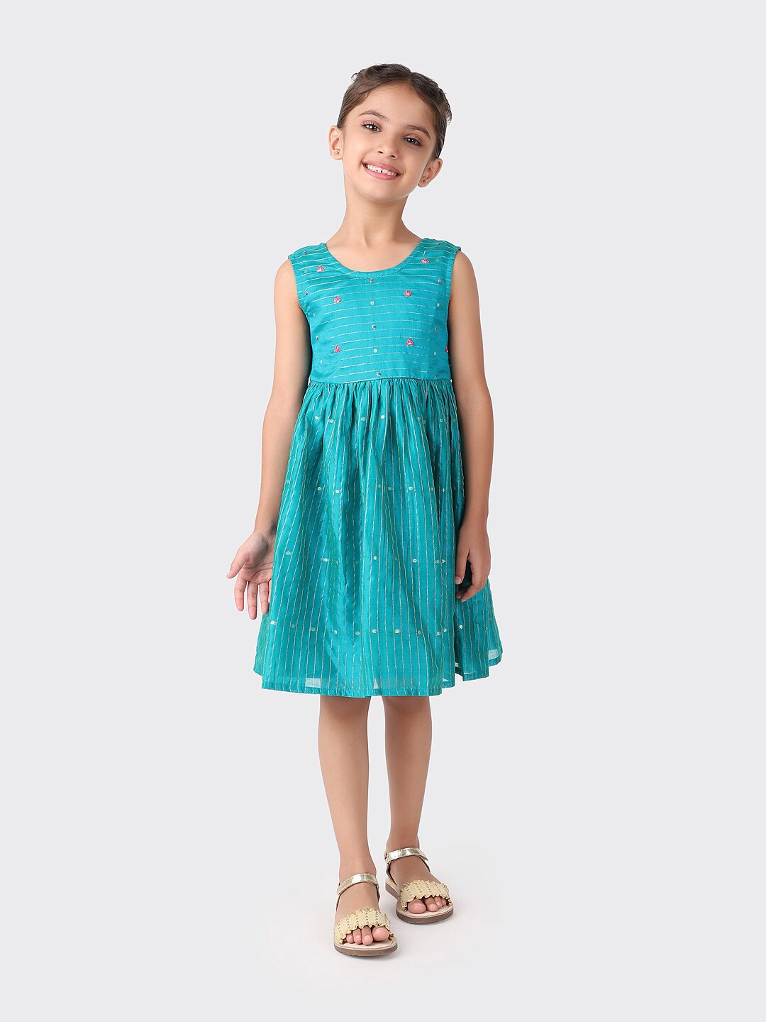 

Fabindia Blue Floral Work Cotton Silk Blend Dress