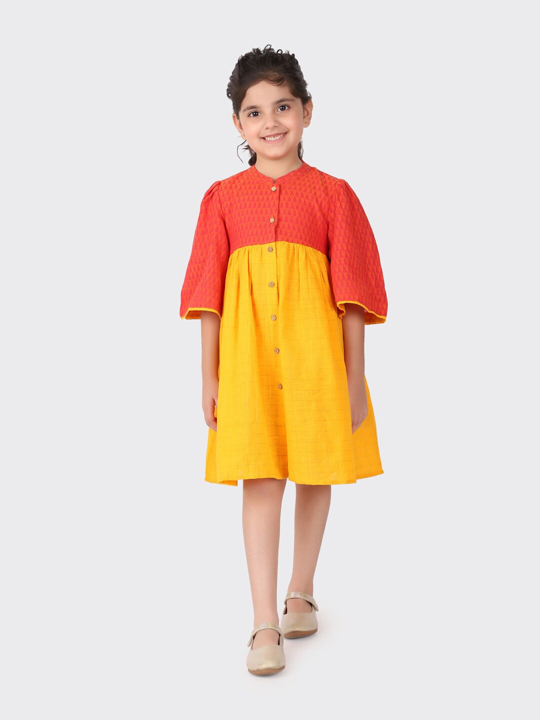 

Fabindia Yellow & Orange Cotton Colourblocked Shirt Dress