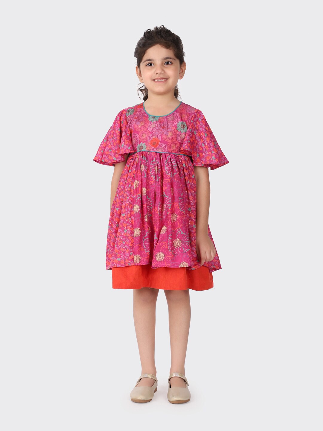 

Fabindia Magenta & Blue Floral Printed Empire Dress