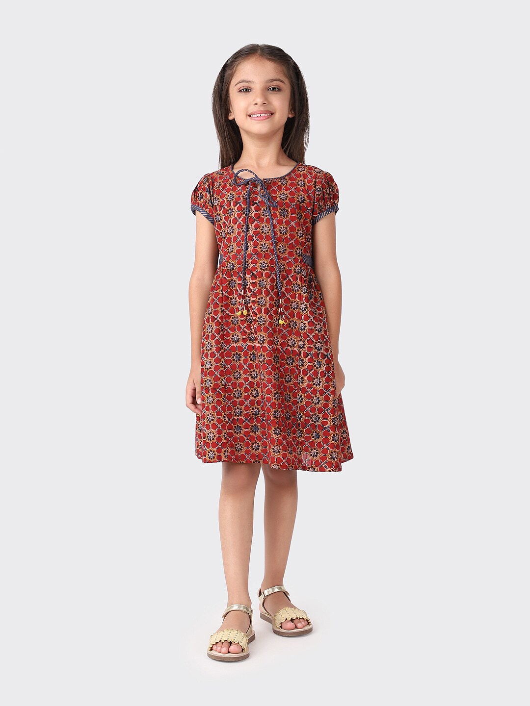 

Fabindia Maroon & Blue Floral Cotton A-Line Dress