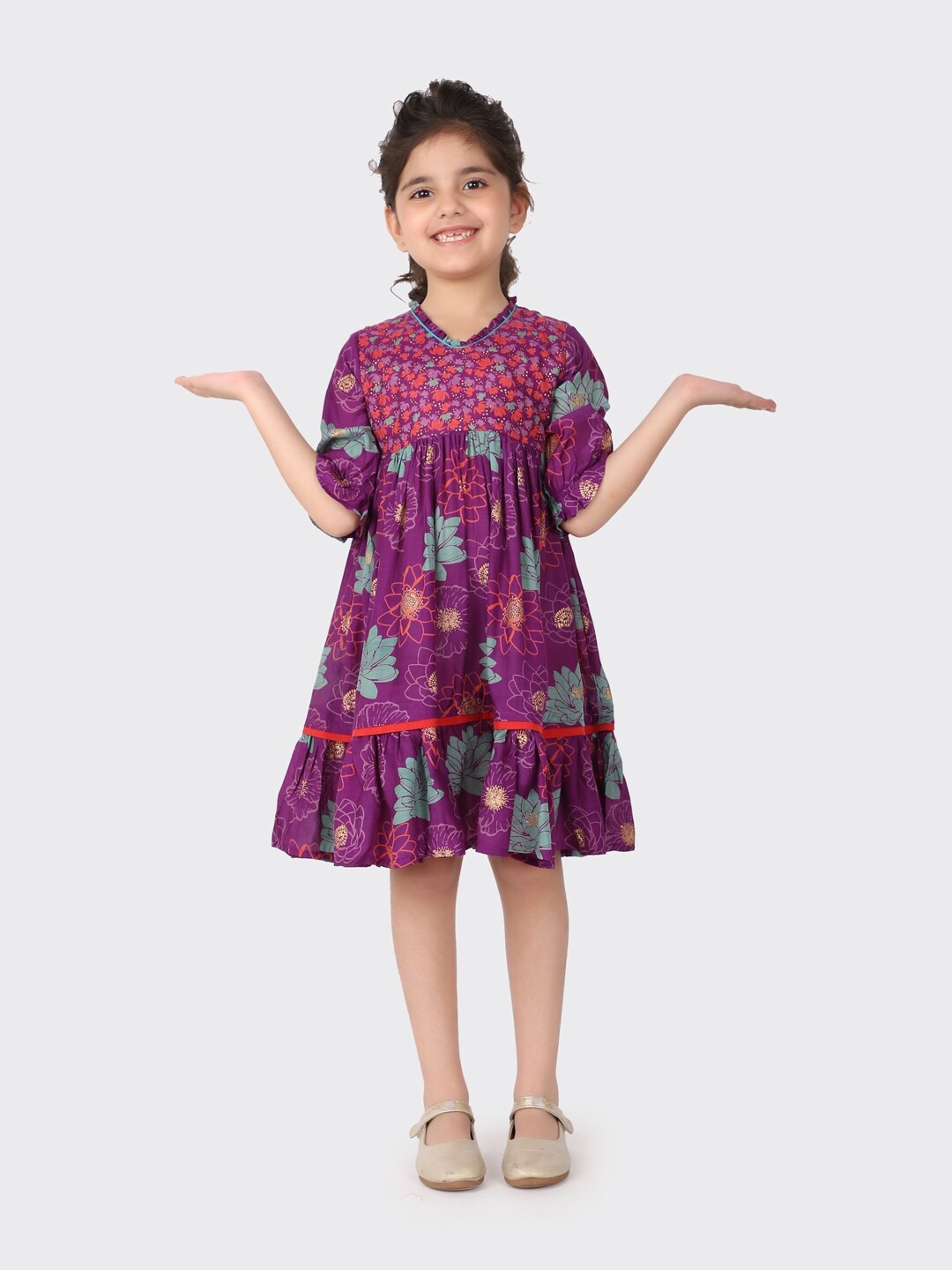 

Fabindia Purple Floral A-Line Dress