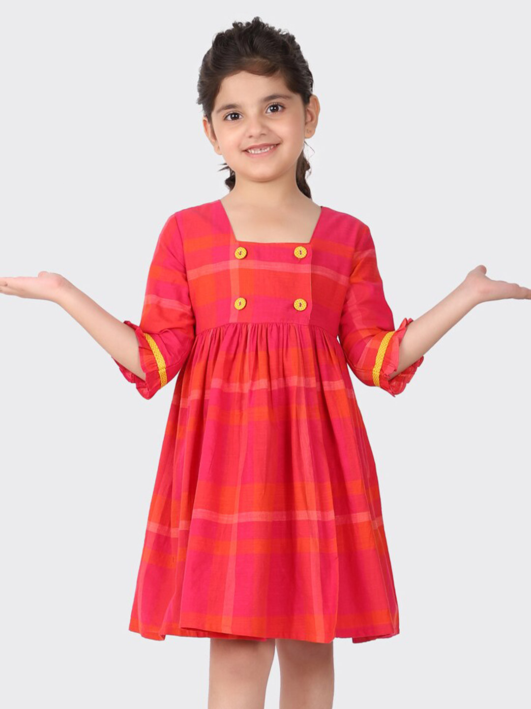 

Fabindia Red Checked Square Neck Cotton A-Line Dress