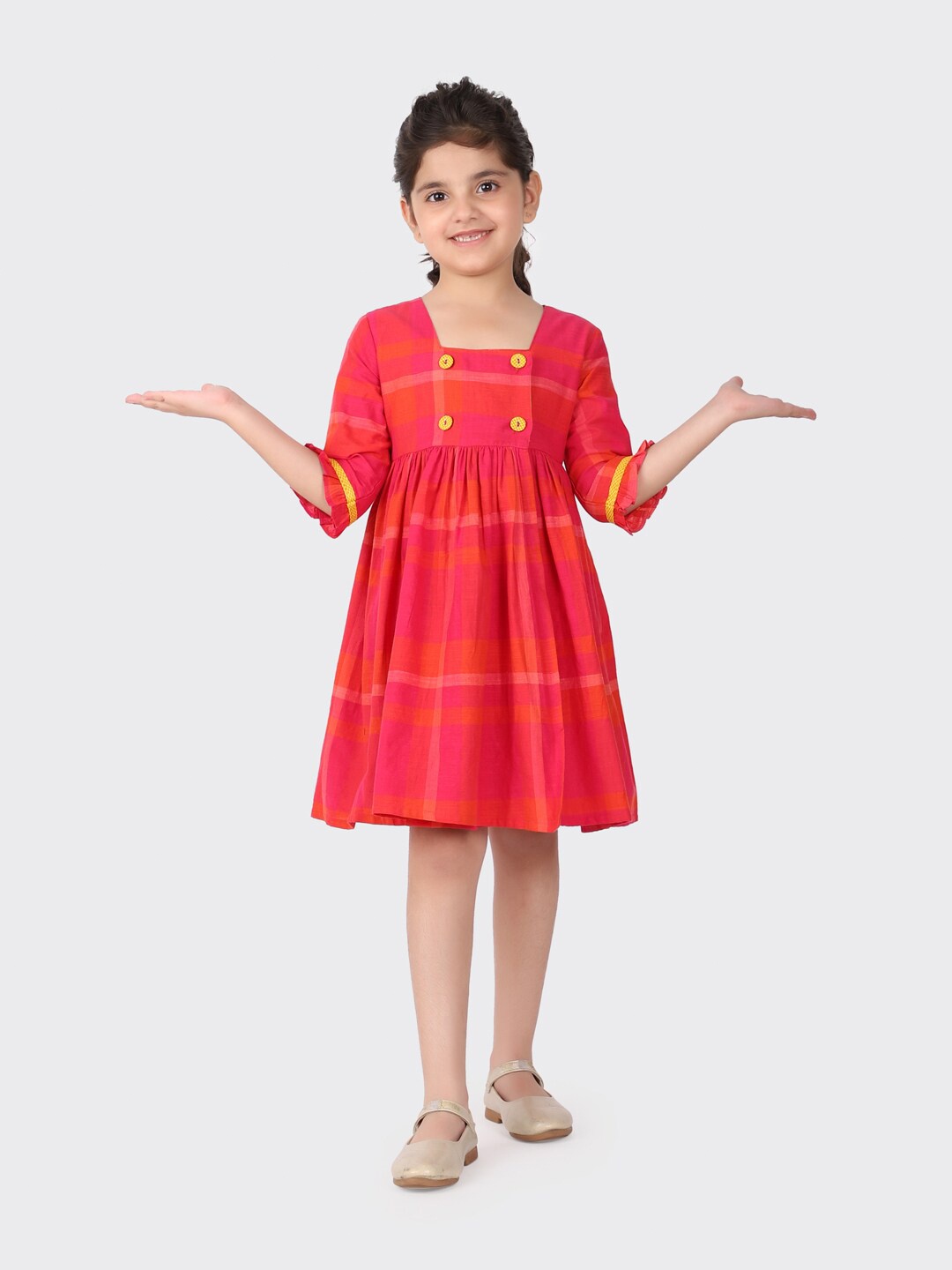 

Fabindia Red & Yellow Cotton Checked Dress