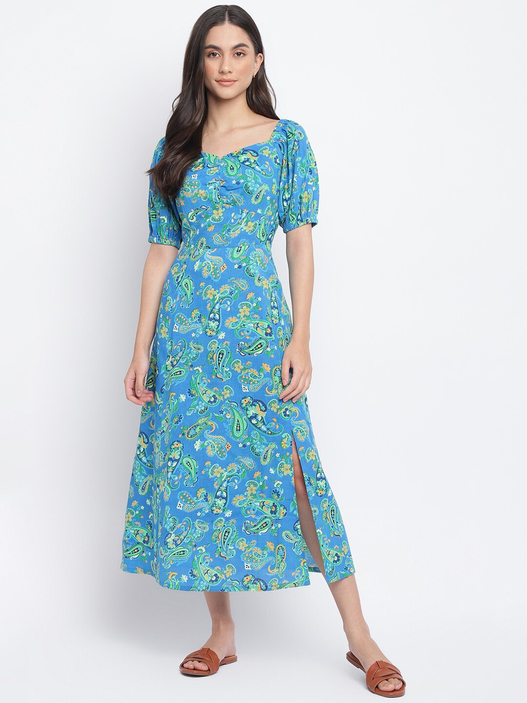 

Fabindia Blue Floral A-Line Midi Front Cut Dress