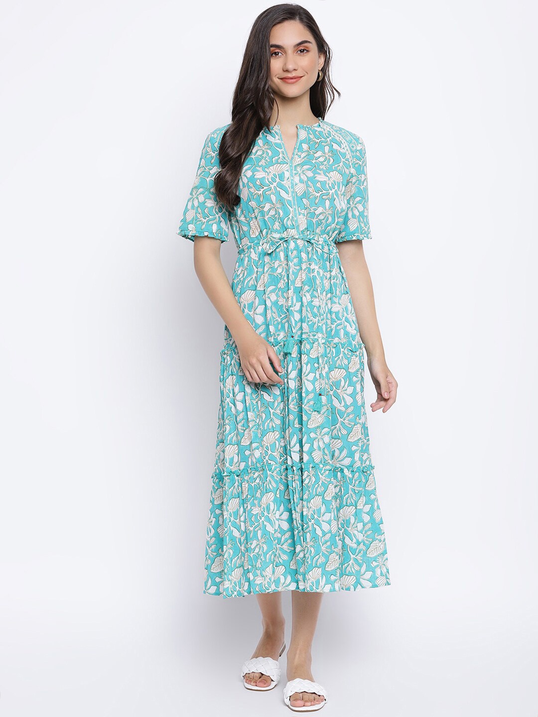 

Fabindia Blue & White Cotton Floral A-Line Midi Dress