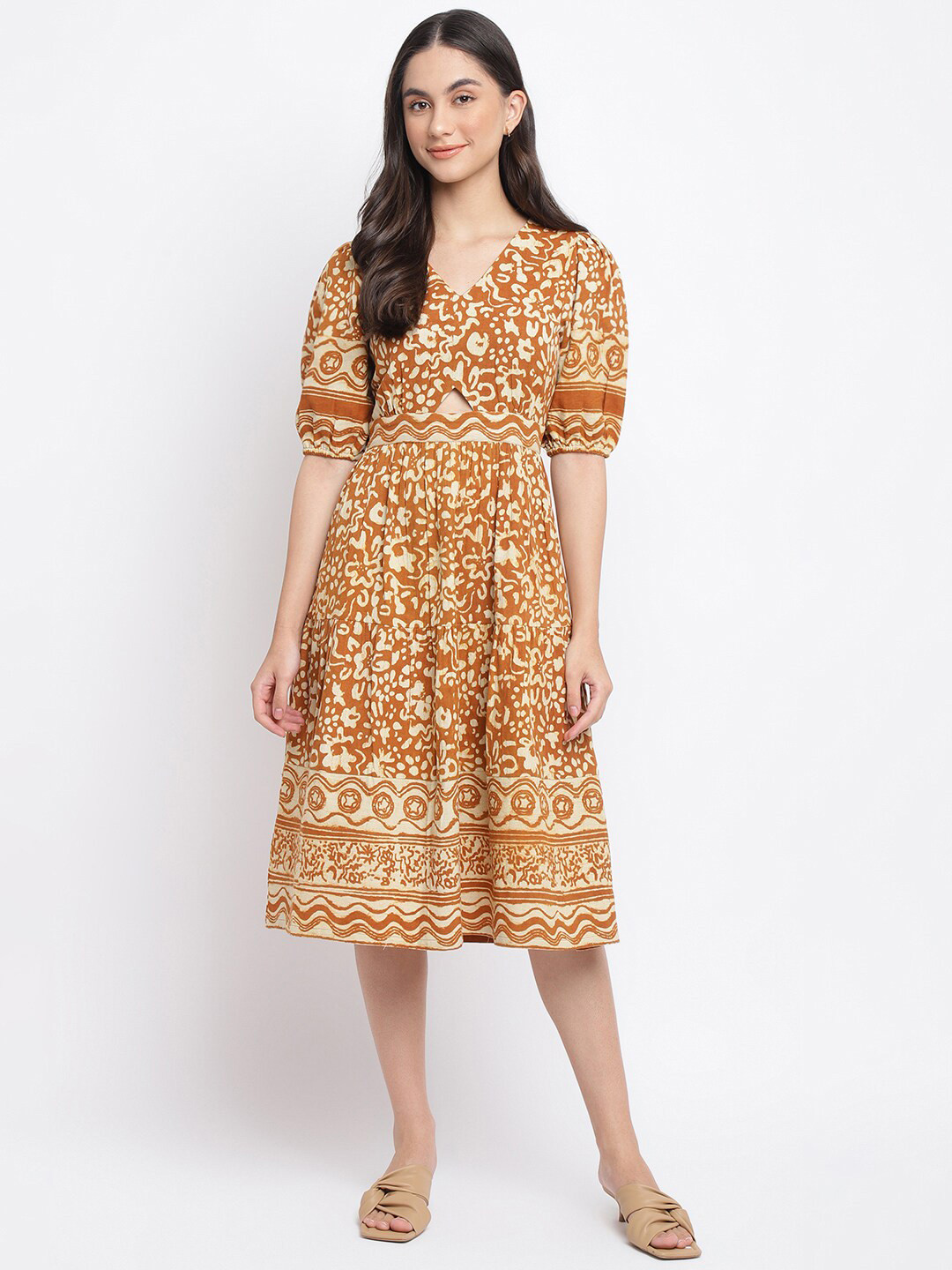 

Fabindia Women Rust Printed Midi Dress