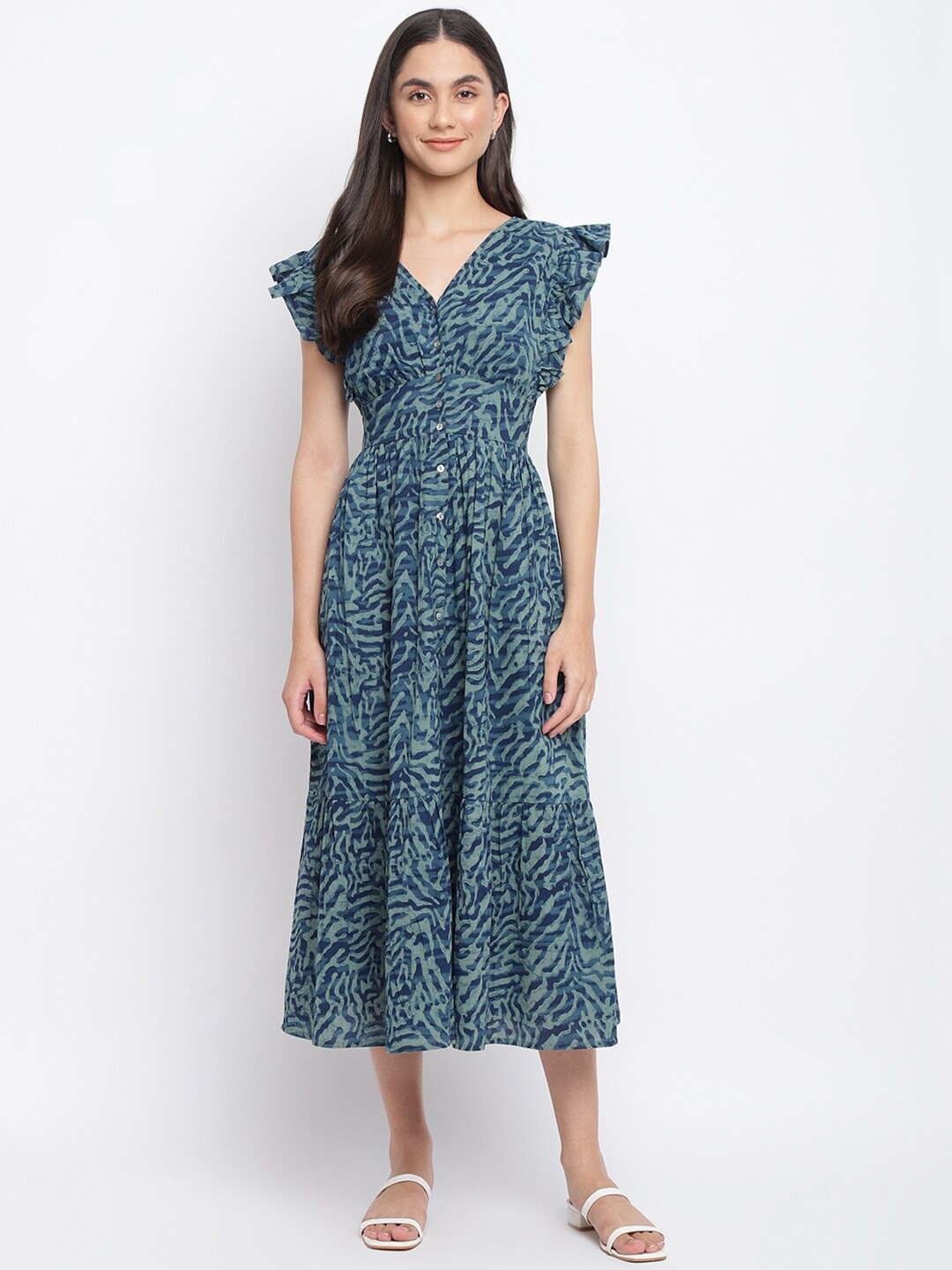 

Fabindia Women Blue Printed Midi Dress