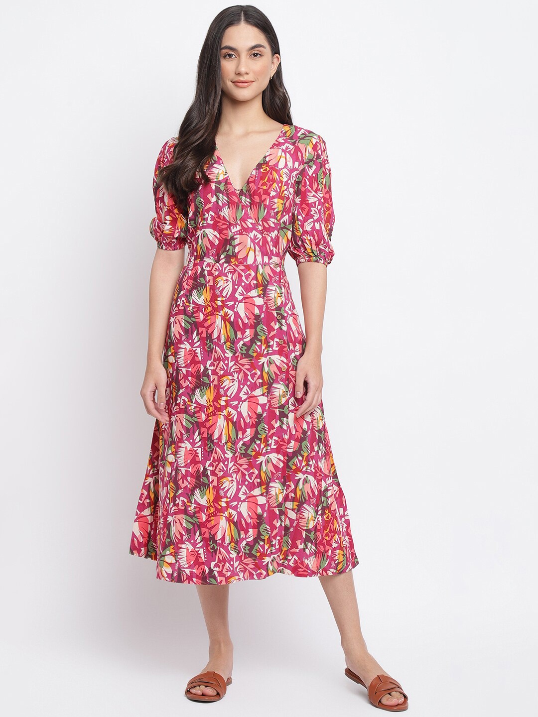 

Fabindia Magenta & Green Floral Printed Cotton Linen Wrap Midi Dress