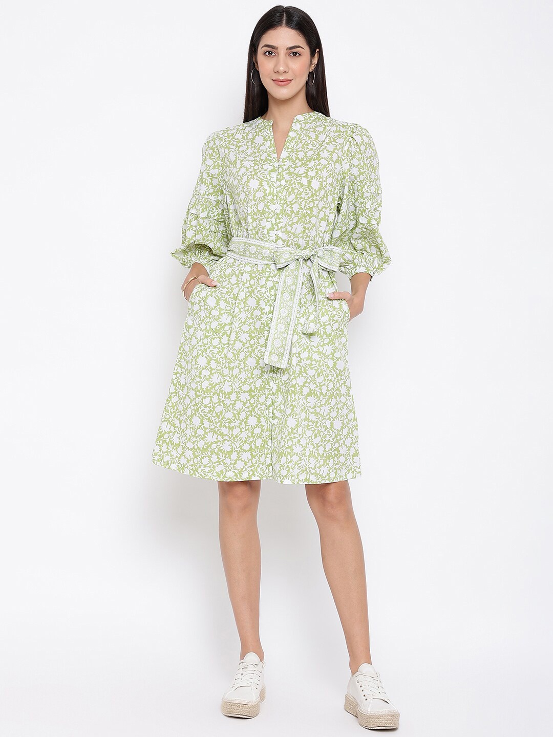 

Fabindia Women Green Floral Cotton Shirt Dress