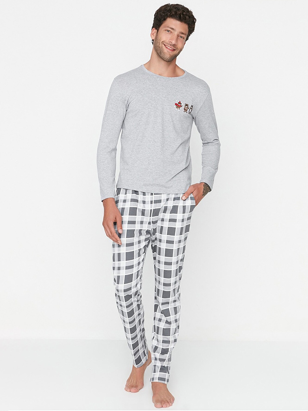 

Trendyol Men Grey Checked Night Suit