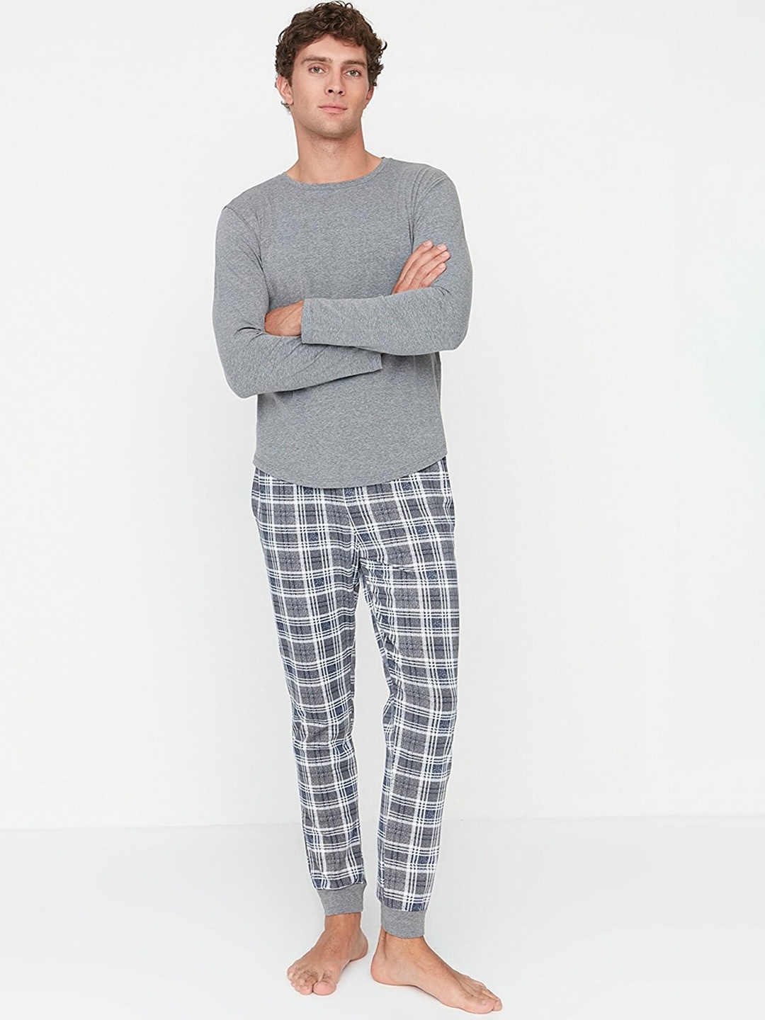 

Trendyol Men Grey Checked Night Suit