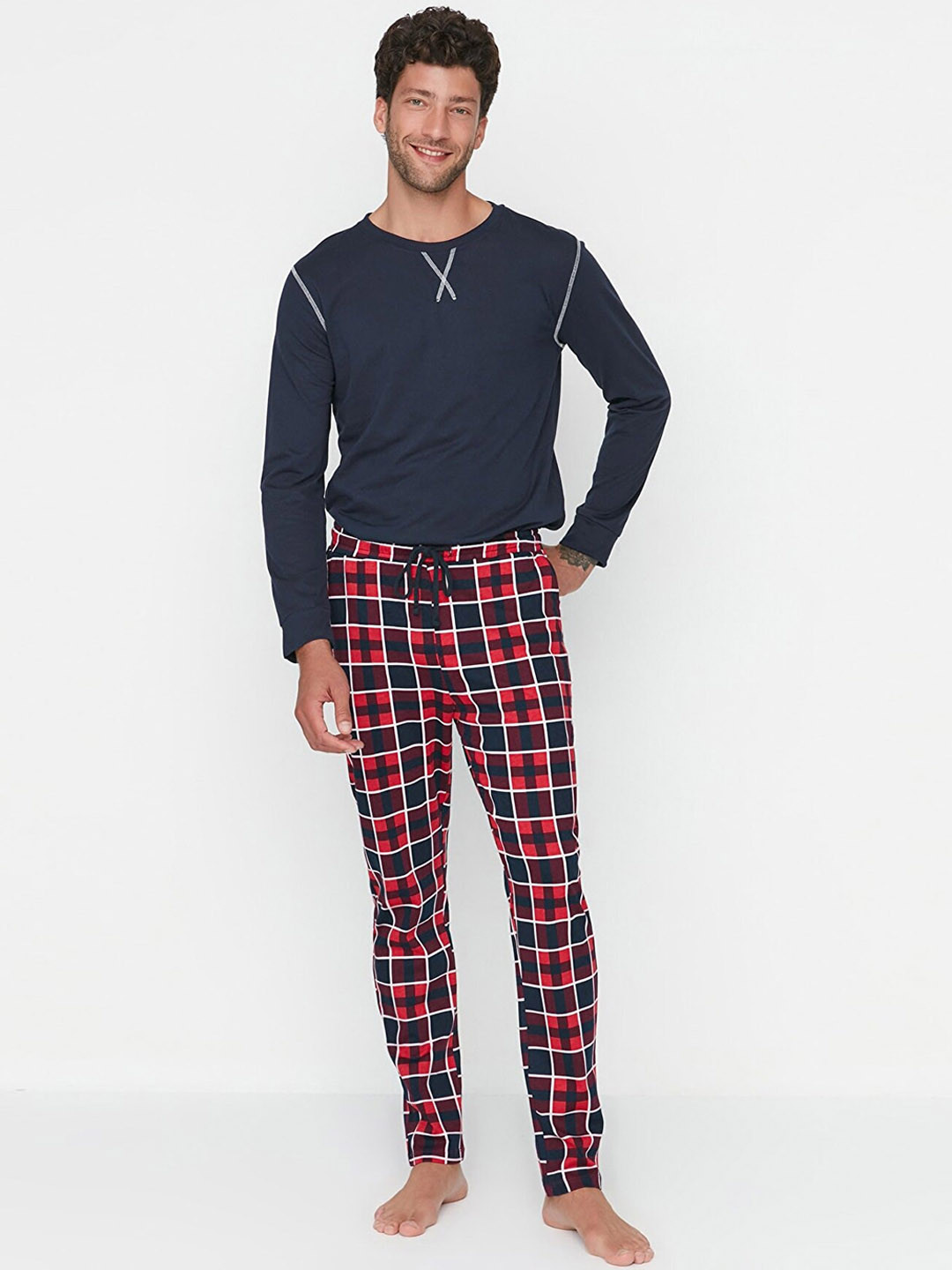 

Trendyol Men Navy Blue & Red Checked Pure Cotton Night suit