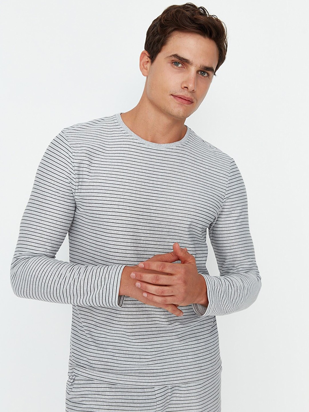 

Trendyol Men Grey & Black Horizontal Striped Night suit
