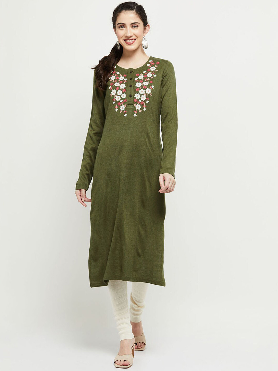 

max Women Olive Green Solid Yoke Design Thread Work Straight Fit Kurta