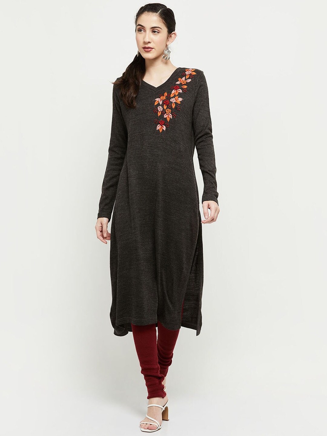 

max Women Charcoal & Orange Floral Yoke Design Thread Work Kurta
