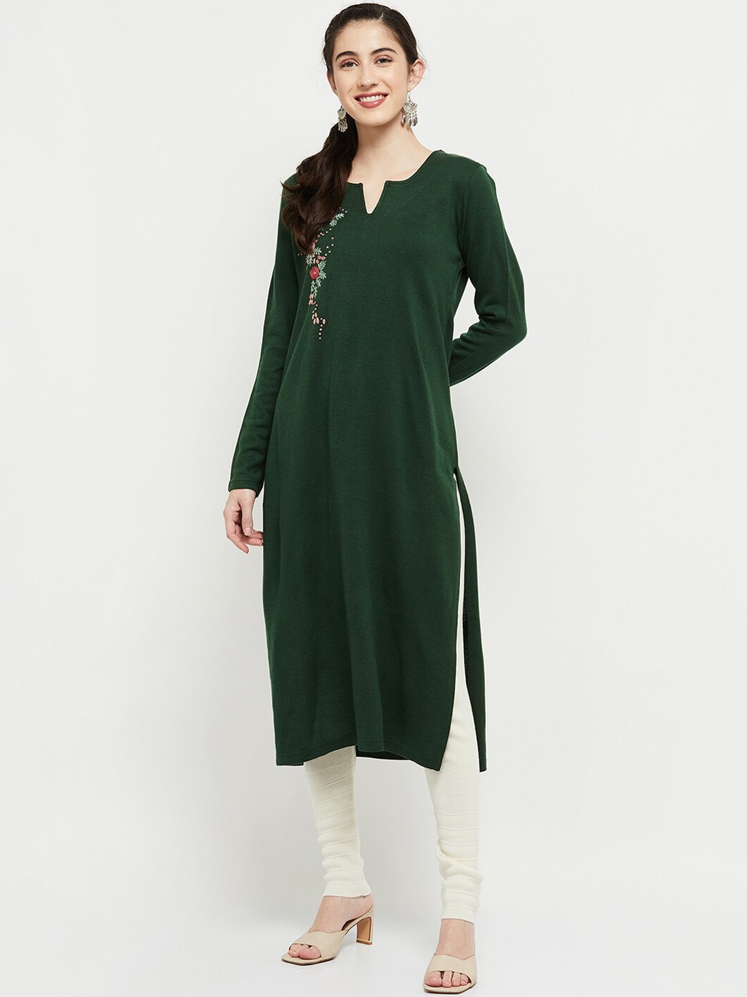 

max Women Green Floral Embroidered Kurta