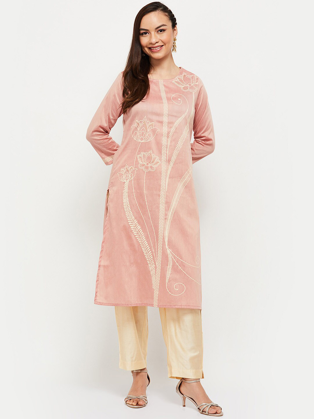 

max Women Pink & Beige Floral Printed Kurta