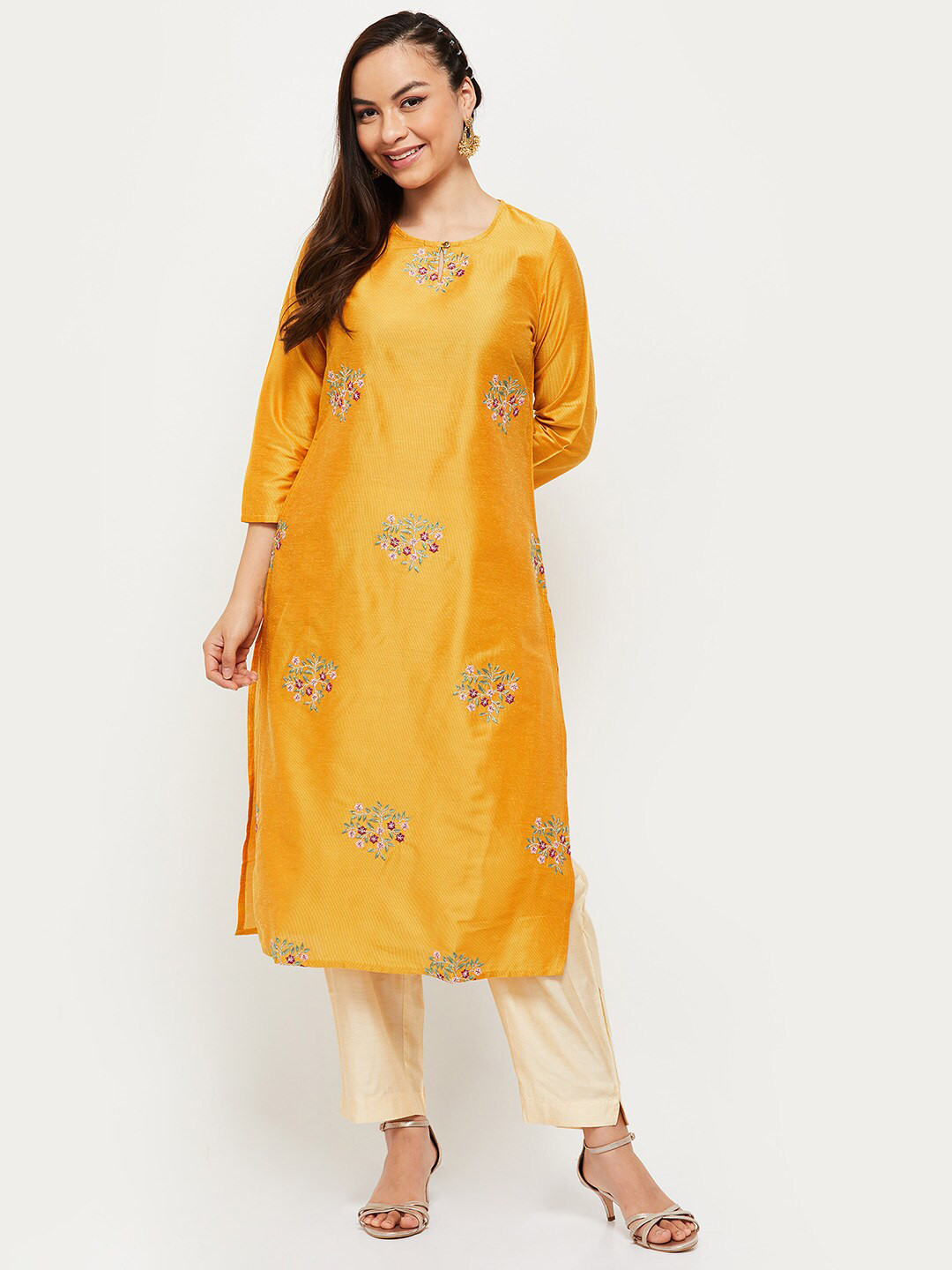 

max Women Mustard Yellow Floral Embroidered Kurta