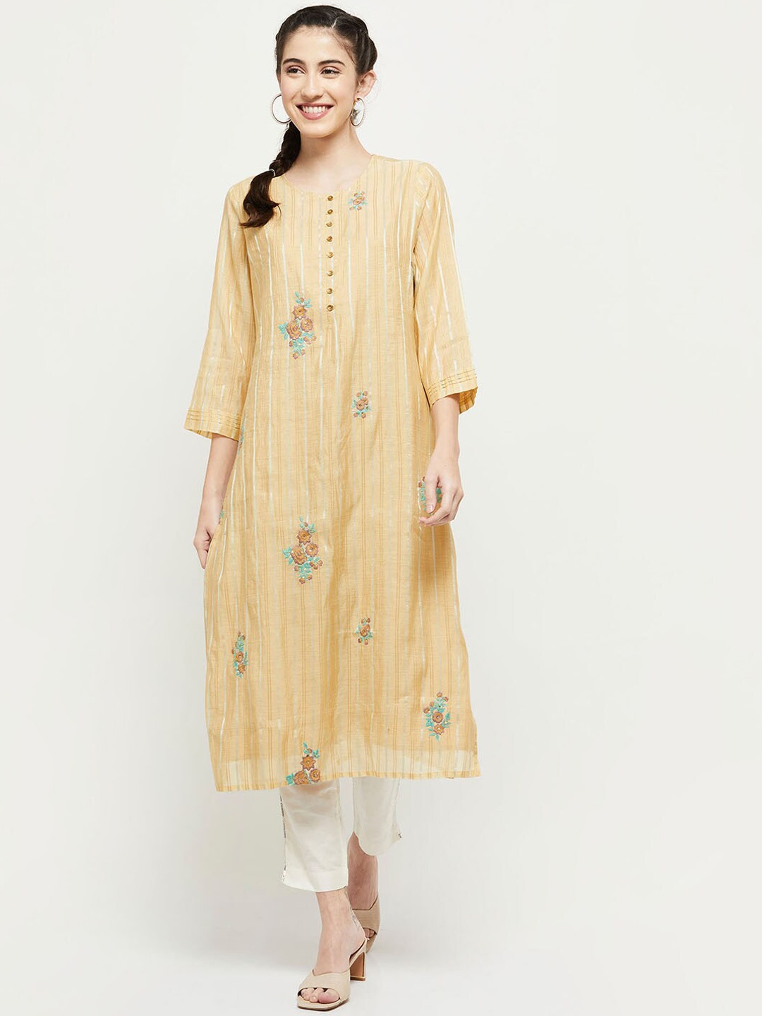 

max Women Yellow Striped Kurta