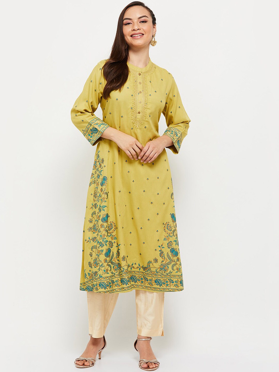 

max Women Yellow & Blue Ethnic Motifs Printed Kurta
